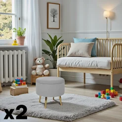 Tabouret pouf rond tissu gris pieds dorés TIM (lotde 2)