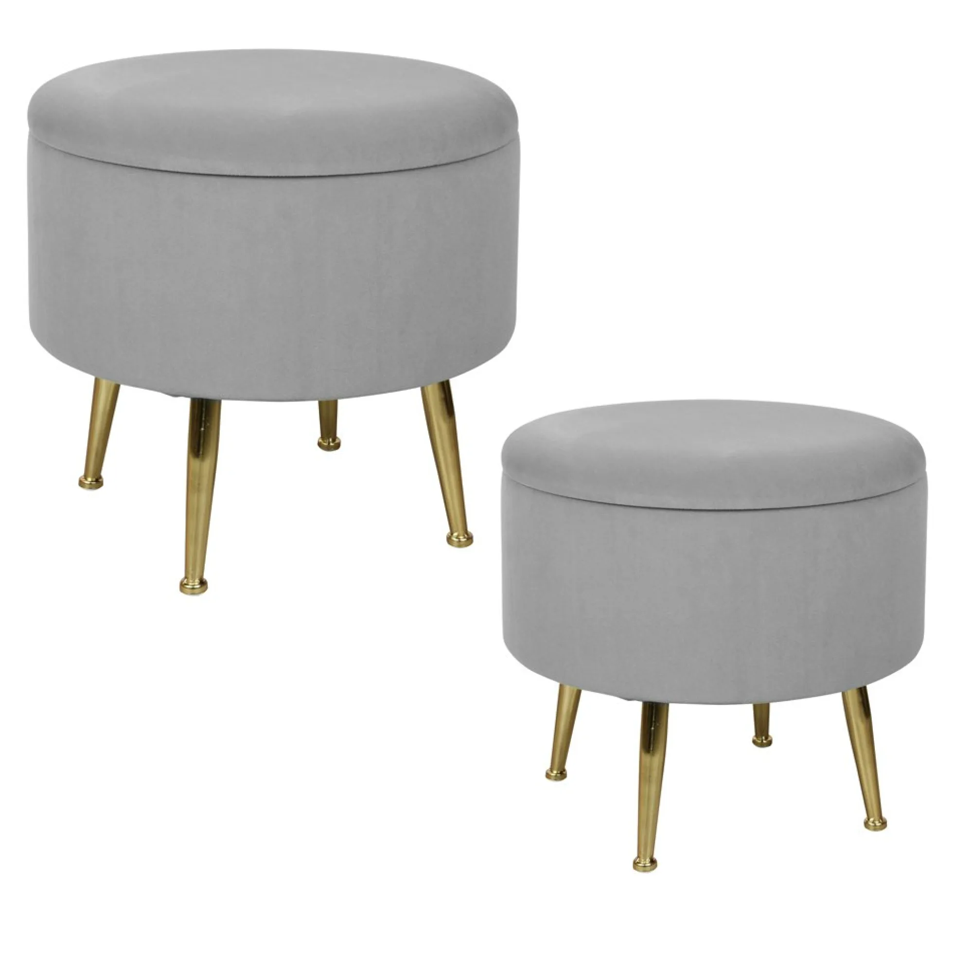 Tabouret pouf rond tissu gris pieds dorés TIM (lotde 2)
