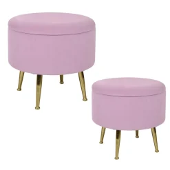 Tabouret pouf rond tissu rose pieds dorés TIM(lotde 2)