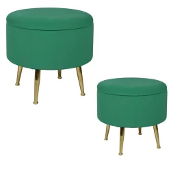 Tabouret pouf rond tissu vert pieds dorés TIM (lotde 2)