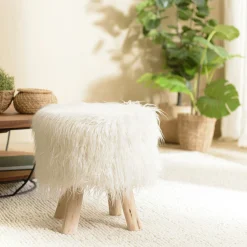 Tabouret rond effet fourrure et pieds bois TIM