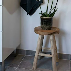 Tabouret rond en bois de teck avec 4 pieds - style campagne ARIZONA