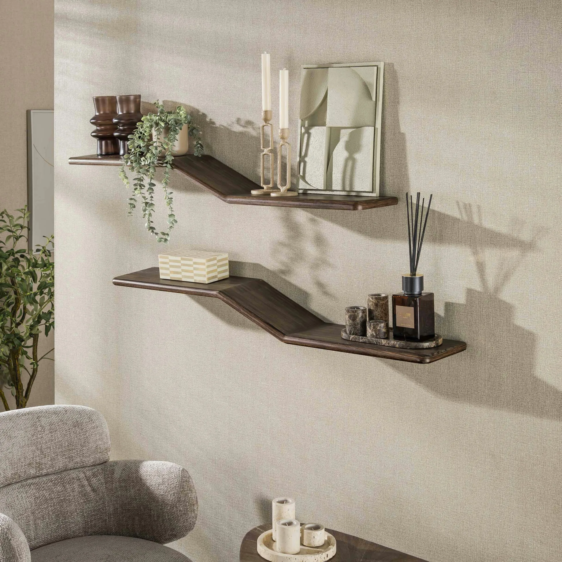 Étagère murale design en S teck recyclé foncé (lot de 2) YOGI