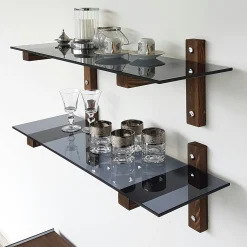 Étagère murale en verre fumé - supports bois foncé (lot de 2) LHASA