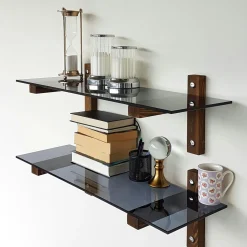 Étagère murale en verre fumé - supports bois foncé (lot de 2) LHASA