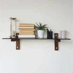 Étagère murale en verre fumé - supports bois foncé LHASA