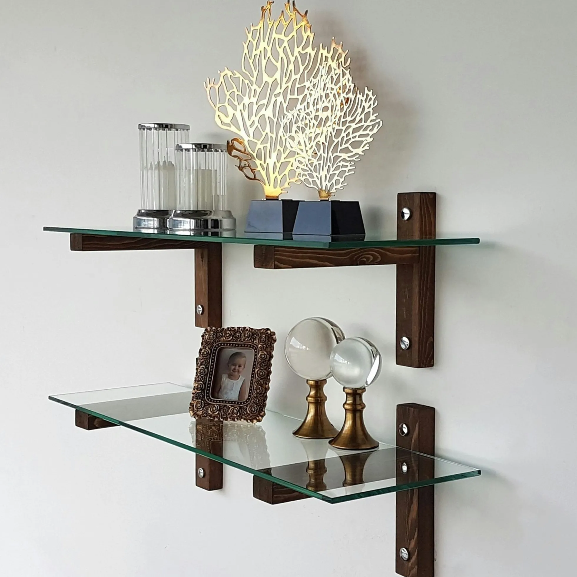 Étagère murale en verre - supports bois foncé (lot de 2) LHASA