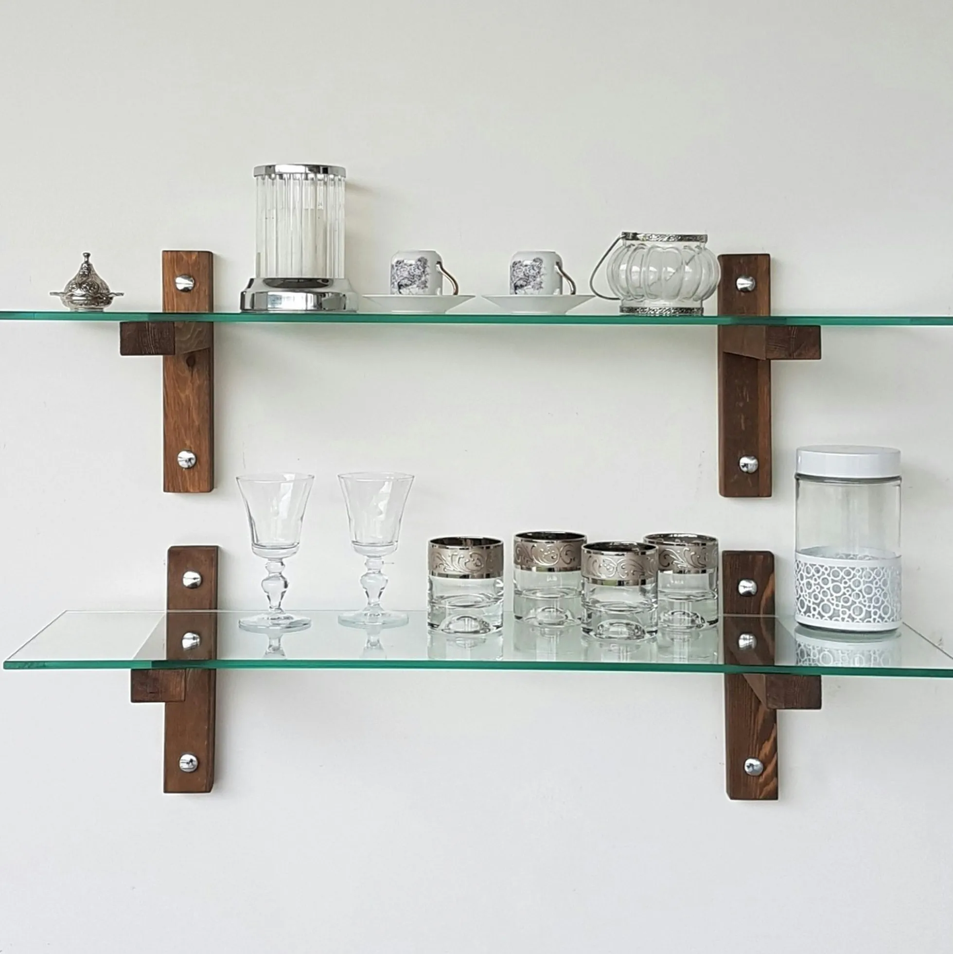 Étagère murale en verre - supports bois foncé (lot de 2) LHASA