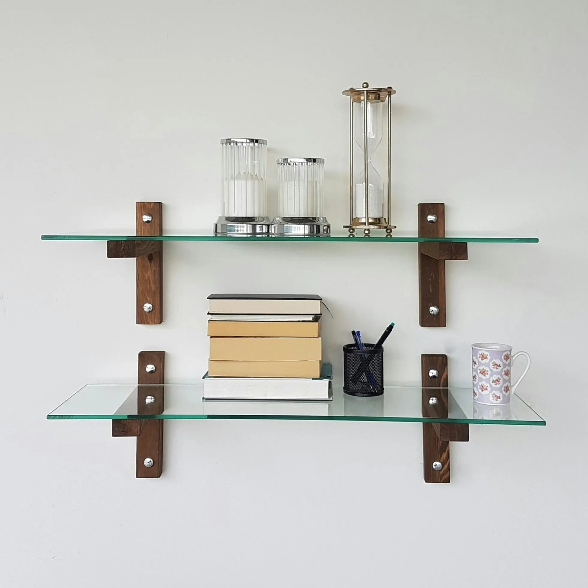 Étagère murale en verre - supports bois foncé (lot de 2) LHASA