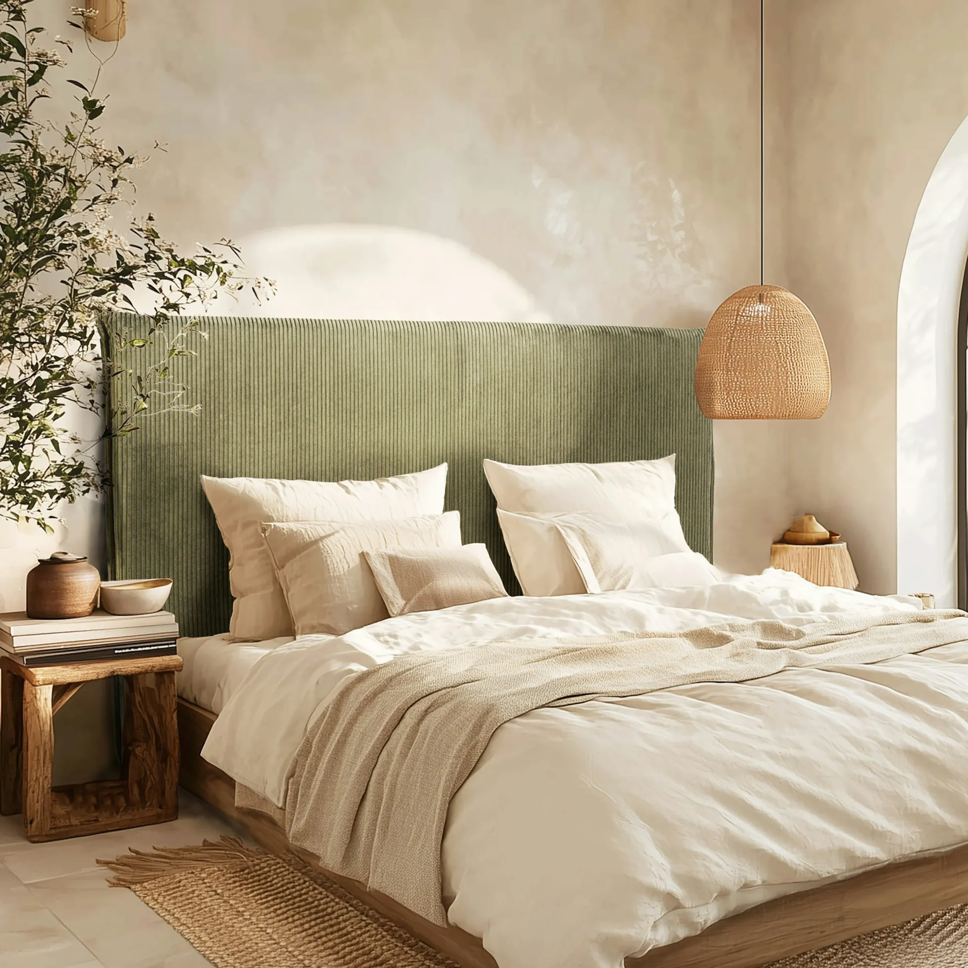 Tête de lit rembourrée pour lits 140/160cm velours côtelé vert RIVANA