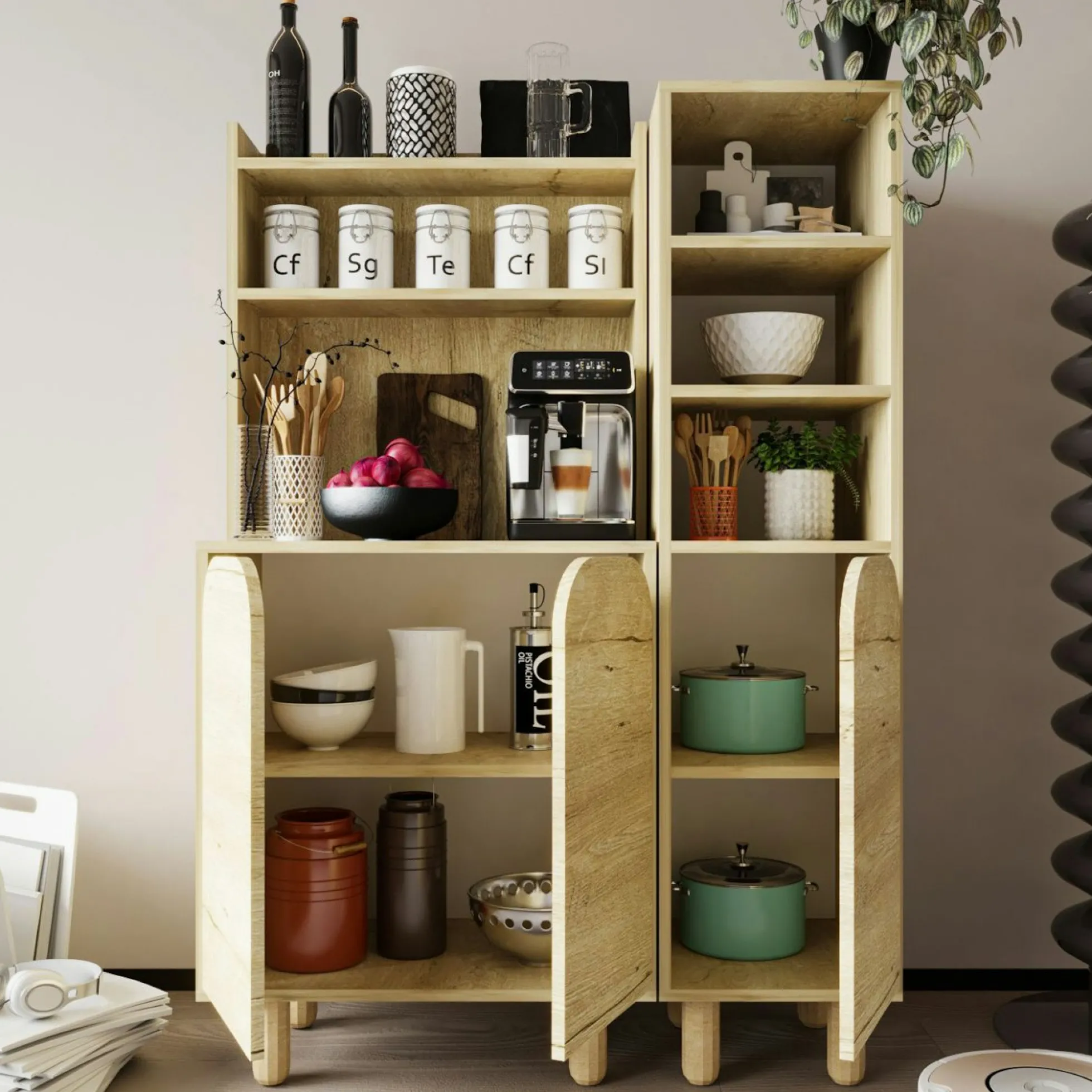 Vaisselier cuisine effet bois 3 portes courbes VAREN