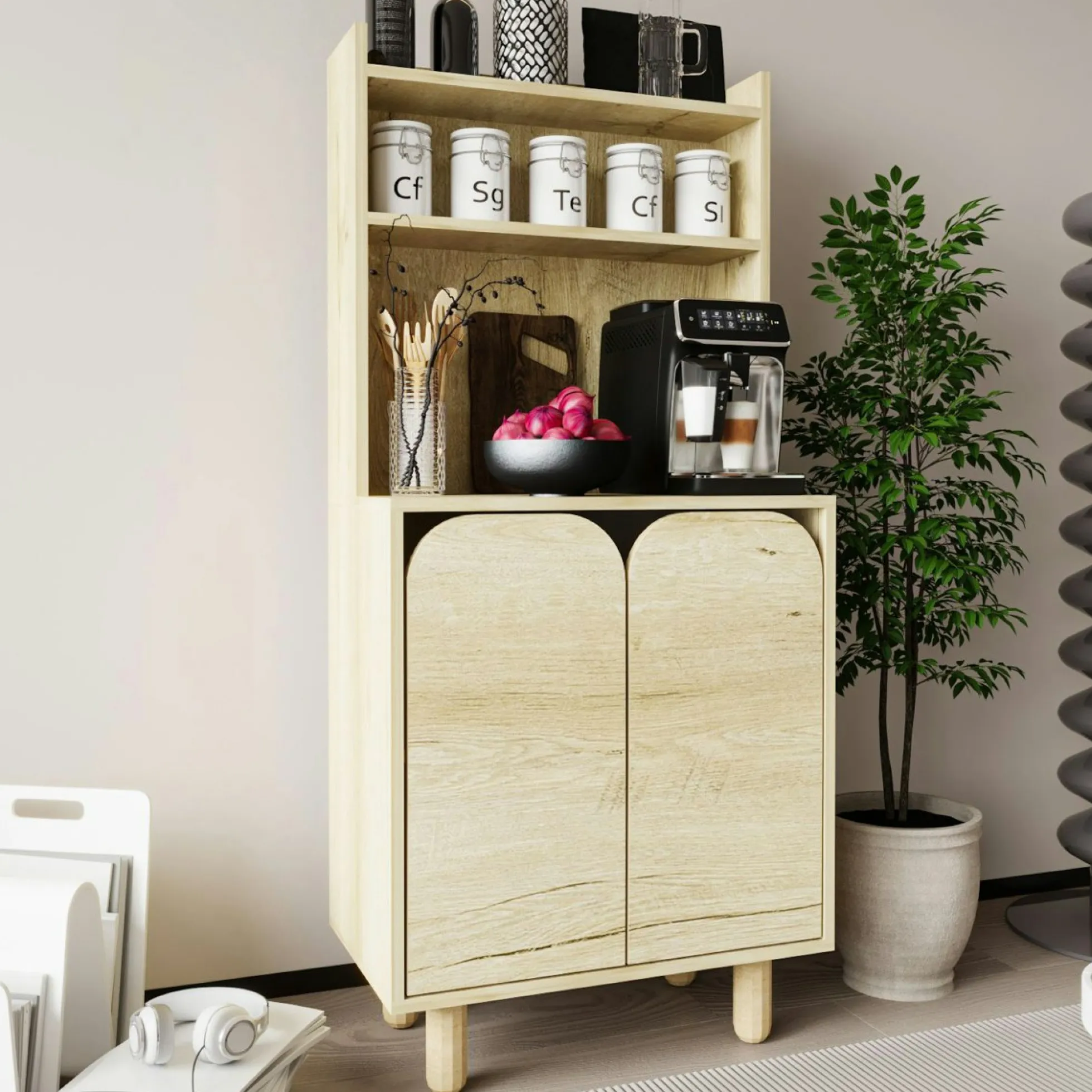 Vaisselier cuisine effet bois 2 portes courbes VAREN