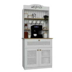 Vaisselier de cuisine blanc, cannage & niche café VAREN