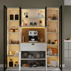 Vaisselier de cuisine à LED 6 portes décor blanc et noir AURA