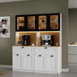 Vaisselier de cuisine à LED 8 portes décor blanc et noir AURA