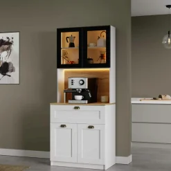 Vaisselier de cuisine à LED 4 portes décor blanc et noir AURA