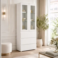 Vaisselier vitrine blanc moderne 2 portes 3 tiroirs ALVA
