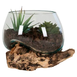 Vase verre soufflé et racine teck, artisanal H 15 cm ARIZONA