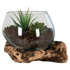 Vase verre soufflé et racine teck, artisanal H 15 cm ARIZONA