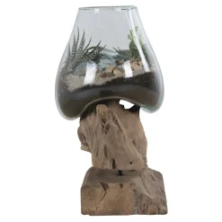 Vase verre soufflé et racine teck, artisanal H 25 cm ARIZONA