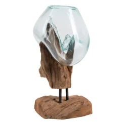 Vase verre soufflé et racine teck, artisanal H 25 cm ARIZONA