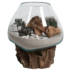 Vase verre soufflé et racine teck, artisanal H 20 cm ARIZONA