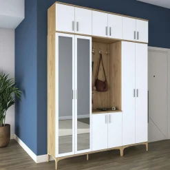 Vestiaire d'entrée blanc et décor noyer avec miroir JENA