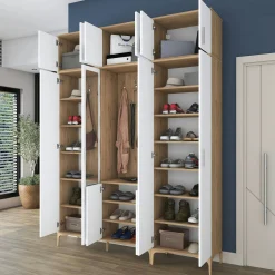 Vestiaire d'entrée blanc et décor noyer avec miroir JENA