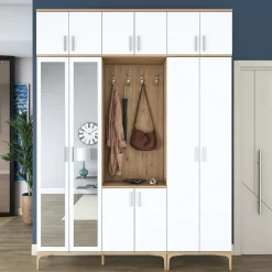 Vestiaire d'entrée blanc et décor noyer avec miroir JENA