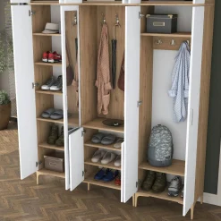 Vestiaire d'entrée blanc et décor noyer 12 portes JENA