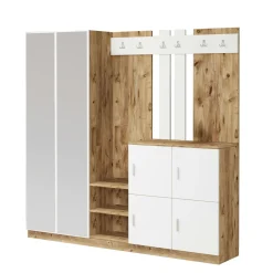 Vestiaire d'entrée 1 miroir 4 portes décor blanc bois MARFA