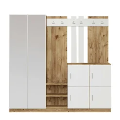 Vestiaire d'entrée 1 miroir 4 portes décor blanc bois MARFA