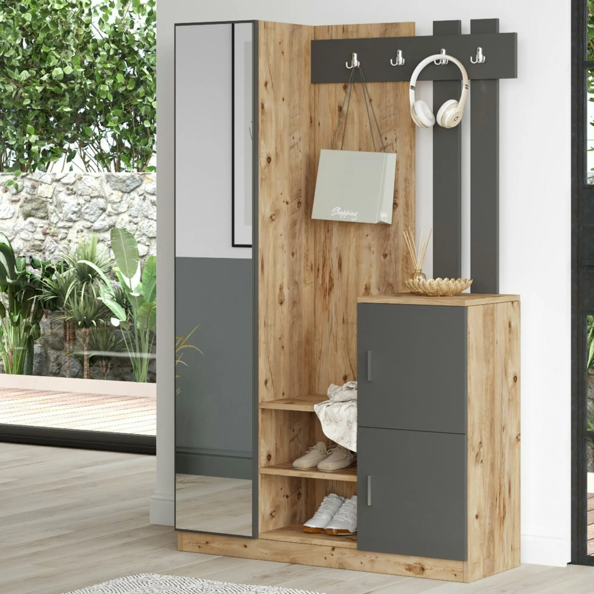 Vestiaire d’entrée 2 portes 1 miroir décor gris et bois MARFA