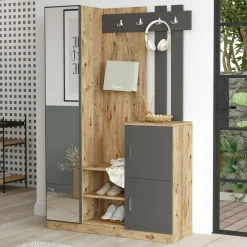Vestiaire d’entrée 2 portes 1 miroir décor gris et bois MARFA