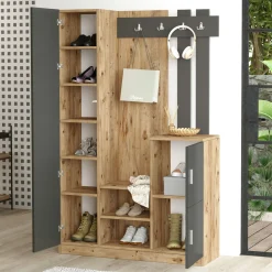 Vestiaire d’entrée 2 portes 1 miroir décor gris et bois MARFA