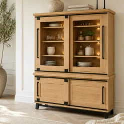 Vitrine chêne clair portes coulissantes et LED 185 cm ALPINE