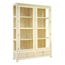 Vitrine Hévéa 2 portes vitrées, 2 tiroirs 120x38x170cm GALA